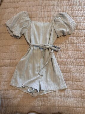 Striped Puff-Sleeve Romper with Tie Waist in Light Blue